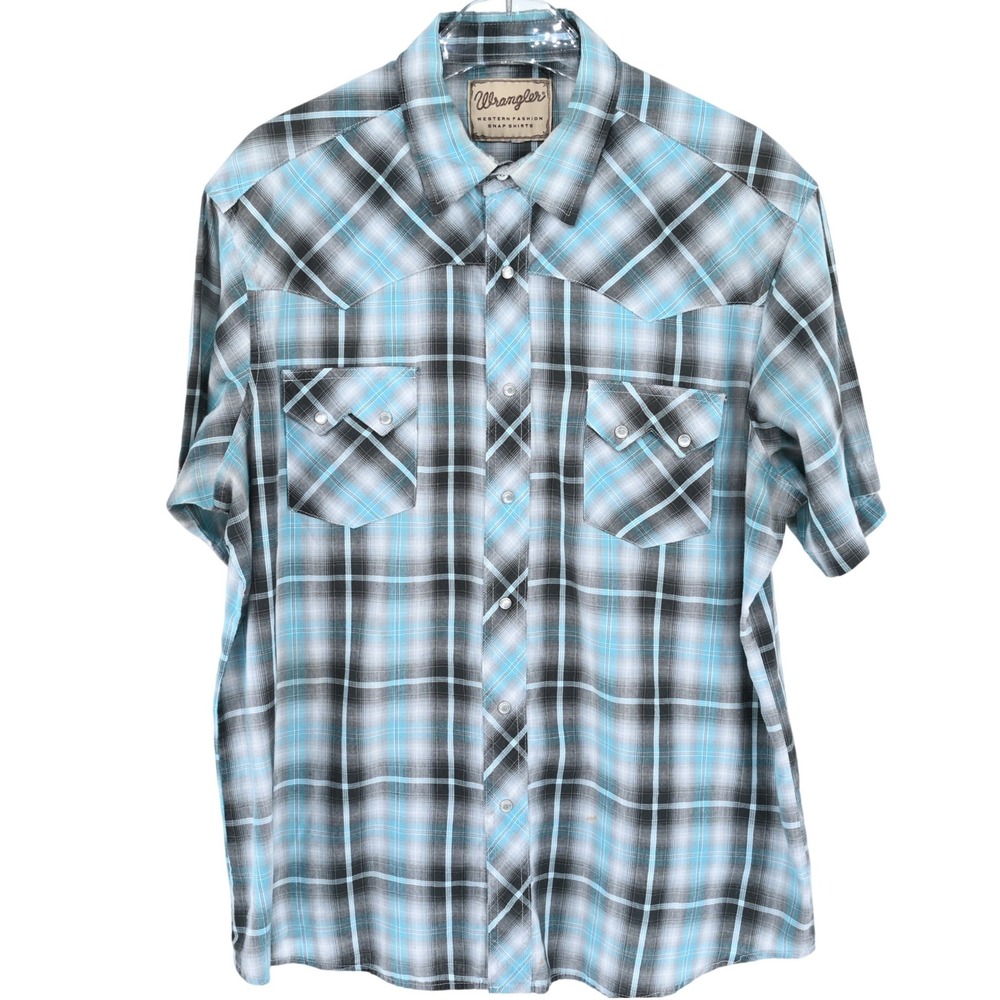 Wrangler Mens Western Fashion Pearl Snap Shirt Short Sleeve Plaid Blue Black XL
